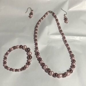 Faux pearl necklace, bracelet, and earring set